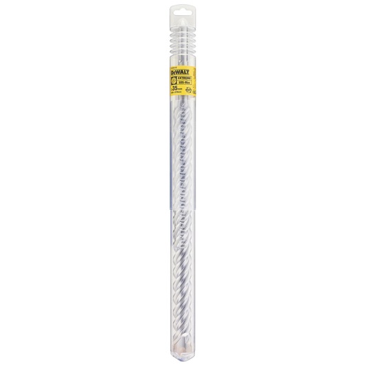 DEWALT SDS-Max masonry drill bit in plastic packaging, visible spiral design, size and brand details on label.