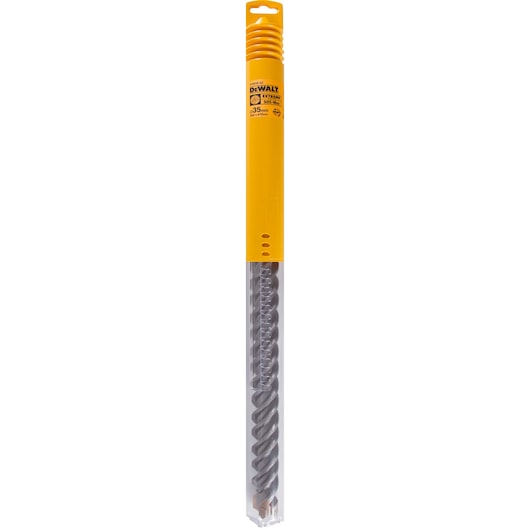 DEWALT DT9439 long masonry drill bit in yellow plastic packaging, intended for concrete and stone drilling.