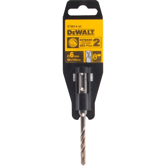 DEWALT DT9514 SDS-Plus drill bit, 6mm x 110mm, in black and yellow retail packaging.