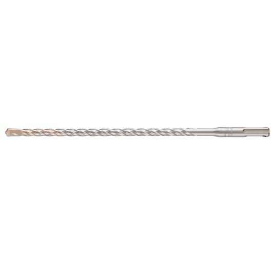 Long, silver masonry drill bit with spiral design, used for concrete or stone drilling tasks.