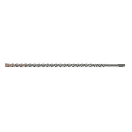 Long, metal SDS drill bit with spiral flutes for masonry drilling, photographed on a white background.