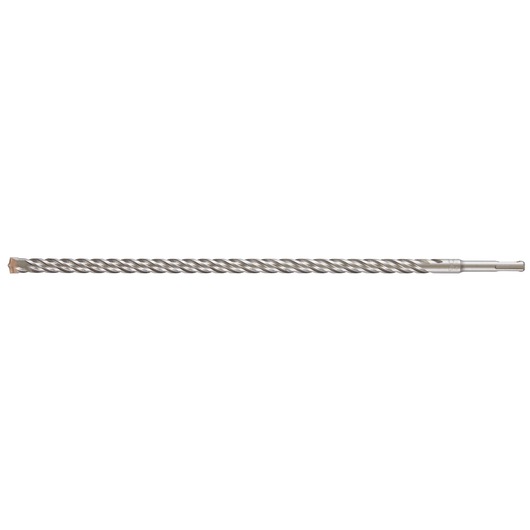 A long, metallic hammer drill bit with a spiral flute design and a pointed tip, suitable for masonry or concrete drilling.