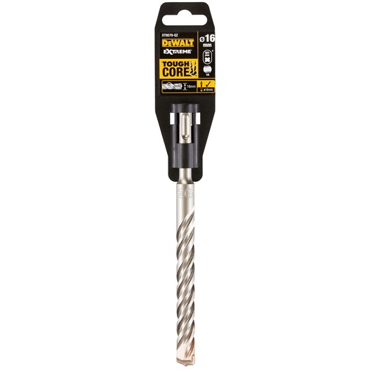 DEWALT DT9579 ToughCore drill bit, 16mm, silver, shown in packaging for masonry or concrete drilling.