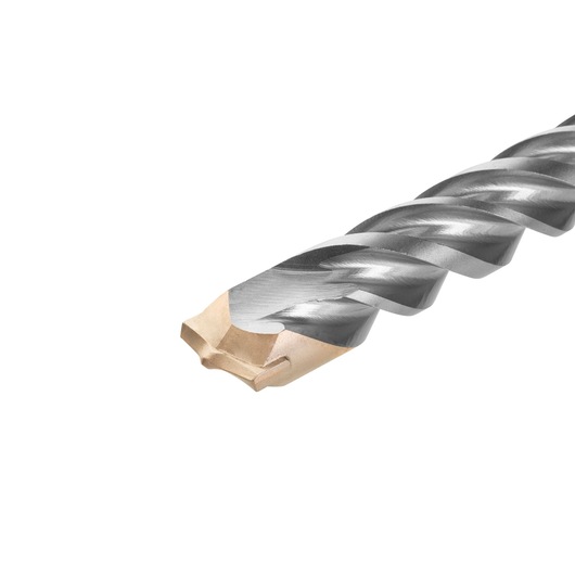 Close-up of a DEWALT DT9590 drill bit with a spiral design and carbide tip, photographed on a white background.