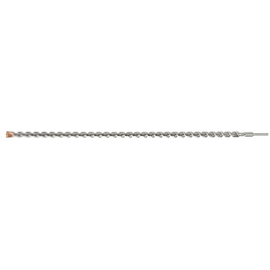 A long, spiral DEWALT drill bit for masonry or concrete, showing a carbide tip and metal shaft.