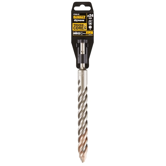 DEWALT DT9609 masonry drill bit with spiral design in retail packaging, 24mm diameter, Extreme ToughCore series.