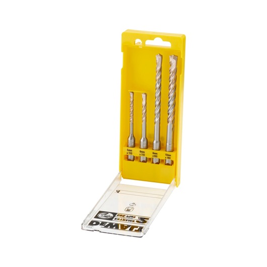 A DEWALT DT9700 set of four masonry drill bits in a yellow plastic case, shown with the case open to display the bits of various sizes.