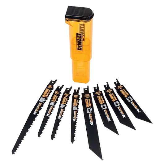 A set of eight black DEWALT reciprocating saw blades arranged in a fan shape, with an orange plastic storage case standing upright behind them.