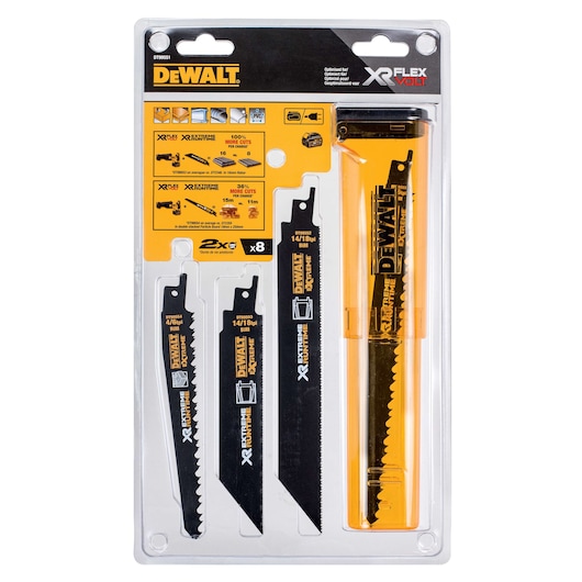 A DEWALT DT99551 XR FlexVolt Extreme Runtime reciprocating saw blade set in original retail packaging. The set includes multiple saw blades of different sizes and tooth patterns, arranged neatly in a transparent plastic tray, with specifications and usage details printed on the yellow and black backing card.