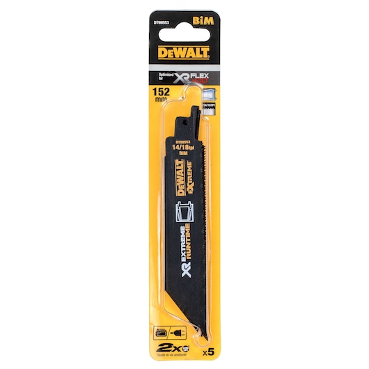 Packaged DEWALT DT99553 XR FlexVolt Extreme Runtime reciprocating saw blade, 152 mm, BiM material, for wood and metal cutting. The package contains 5 blades.