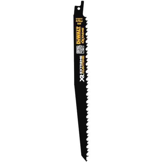 DEWALT DT99554 black XR Extreme Runtime reciprocating saw blade for cutting, with sharp teeth.