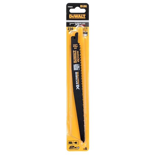 Packaged DEWALT DT99555 Extreme XR Flex reciprocating saw blade, 230mm, designed for cutting metal and wood, shown in a yellow and black blister pack.