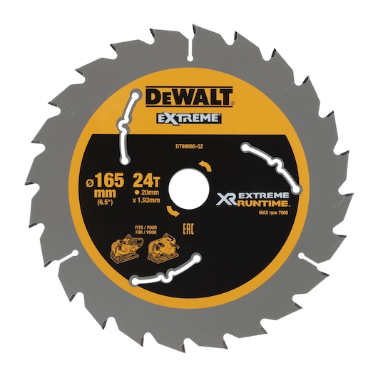 DEWALT DT99560 circular saw blade, 165 mm diameter with 24 teeth, suitable for extreme runtime and fits various DEWALT saws. The blade is black and yellow with technical specifications printed on the front.