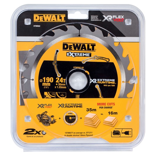 DEWALT DT99562 circular saw blade, 190mm, 24 teeth, in yellow packaging for XR FLEXVOLT systems.