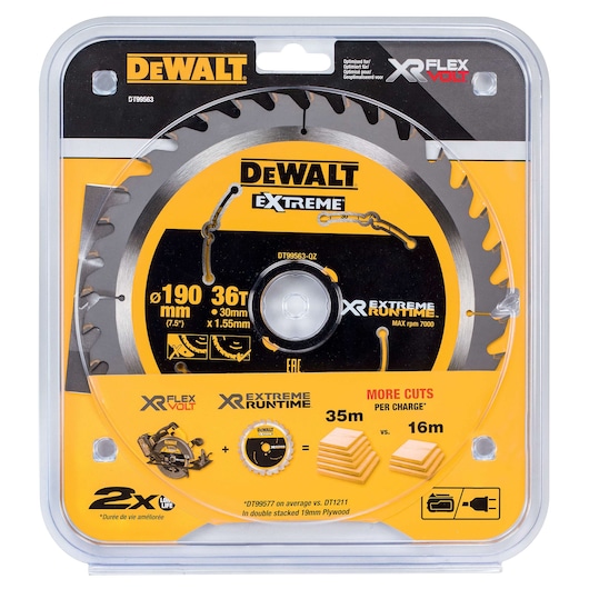 DEWALT DT99563 saw blade, 190mm diameter, 36 teeth, for XR Flexvolt. Packaged for extreme runtime and more cuts per charge.
