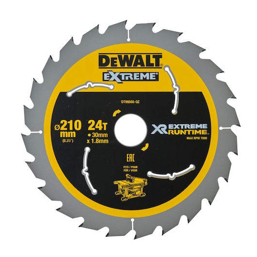 A DEWALT Extreme XR circular saw blade, model DT99565, with 24 teeth, 210mm diameter, 30mm bore, and 1.8mm thickness. The blade is designed for woodworking, labeled with features for extreme runtime and fits table saws.