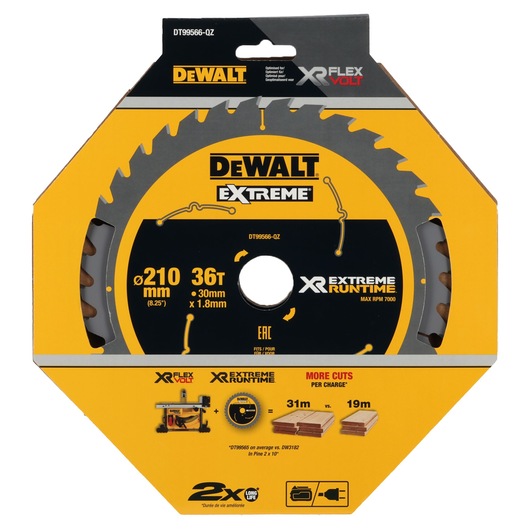 DEWALT Extreme saw blade, 210mm diameter, 36 teeth, XR FlexVolt, in yellow packaging.