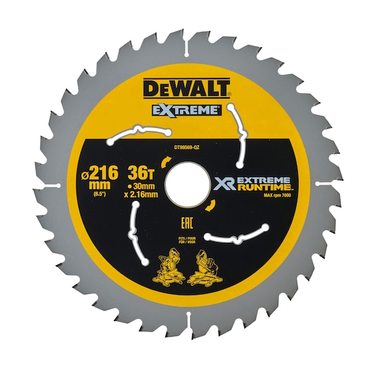 A DEWALT Extreme 216mm 36-tooth circular saw blade with a yellow and black design, labeled XR Extreme Runtime and DT99569, suitable for woodworking and fitting various saw machines.