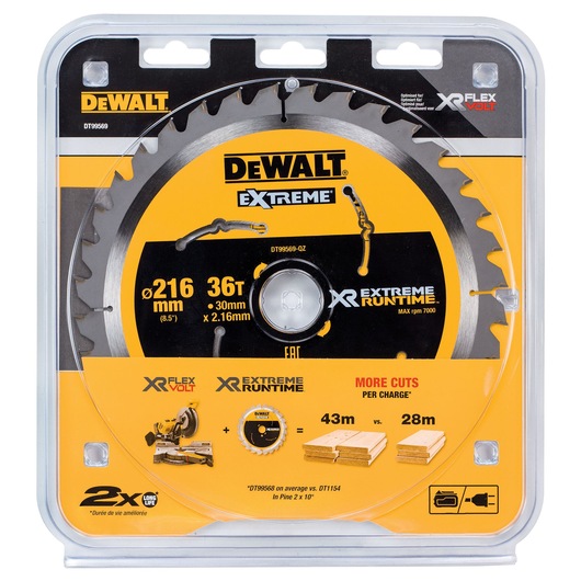 DEWALT branded circular saw blade in retail packaging. The blade features 216 mm diameter, 36 teeth, and is designed for extreme runtime and longevity. Packaging highlights compatibility with XR Flexvolt and shows performance comparisons for cut length per charge.