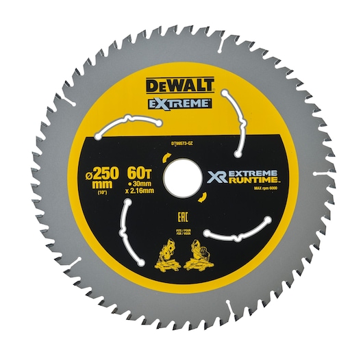 DEWALT DT99573 Extreme circular saw blade, 250mm diameter, 60 teeth, for woodworking, XR Extreme Runtime.