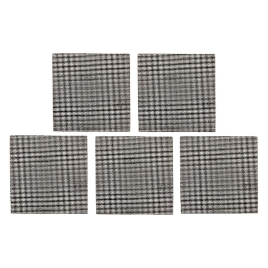 Set of five square mesh sanding sheets arranged in two rows on a white background.