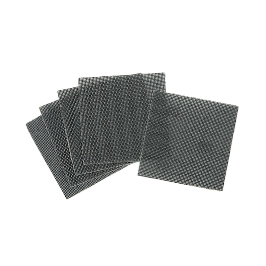 Five square mesh sanding sheets, black, arranged overlapping, displayed on a white background.