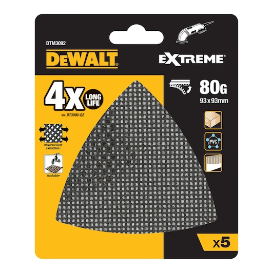 DEWALT DTM3092 sanding mesh pack, 80G, 93x93mm, for wood, PVC, washables. Extreme range, pack of 5.