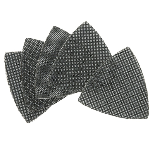 Set of five DEWALT mesh sanding sheets arranged in a fan pattern, trapezoid shape, black color.