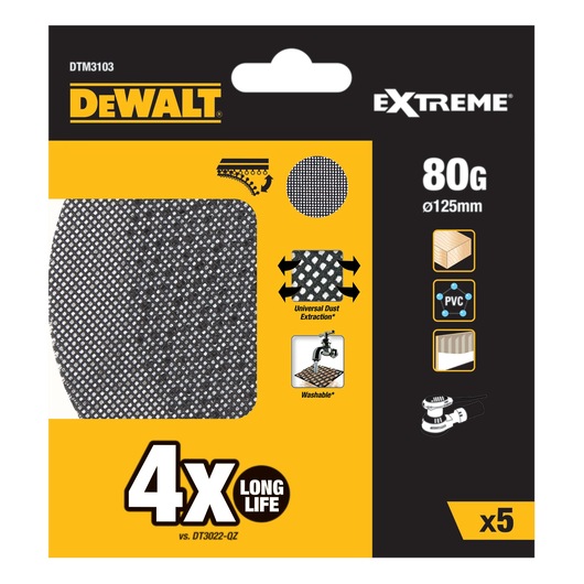 Packaging of DEWALT EXTREME mesh sanding discs, model DTM3103. The pack contains five discs with 80 grit, each 125 mm in diameter. Features include universal dust extraction, washable material, and four times longer life compared to DT3022-QZ. Suitable for sanding wood, PVC, and plasterboard.