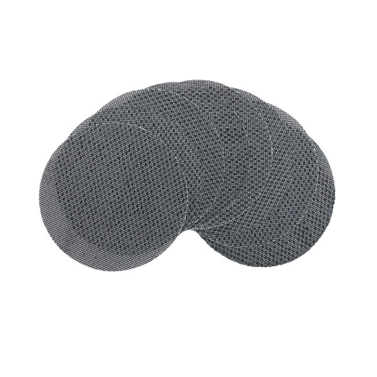 A set of round mesh sanding discs, shown overlapping each other, with a textured black and white surface.