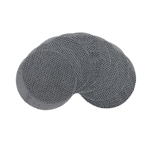 Several round mesh sanding discs arranged in a fan shape, used for surface finishing and smoothing.