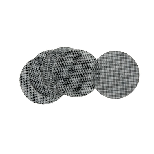 A set of round mesh sanding discs, shown overlapping and laid out in a fan shape. The discs have a fine, grid-like texture and are used for abrasive sanding, suitable for attachment to power tools.