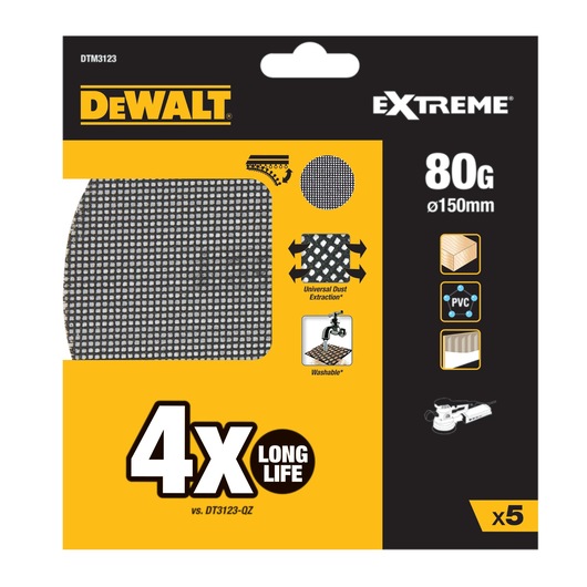 Packaging of DEWALT Extreme DTM3123 sanding mesh discs, 80 grit, diameter 150mm, featuring universal dust extraction, washable material, and suitable for wood, PVC, and plasterboard. Pack contains 5 discs with four times longer life.