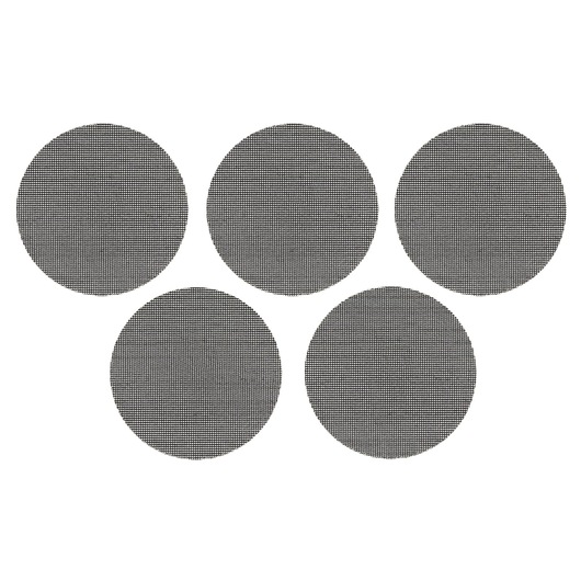 Five round mesh sanding discs arranged in a V shape on a white background.