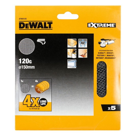 Front view of a DEWALT Extreme sanding mesh disc pack, model DTM3125. The packaging is yellow and black and contains five 150mm diameter 120 grit discs, suitable for use with various power tool brands. The pack advertises 4 times longer life compared to a standard disc, and shows icons indicating use on wood, PVC, and plasterboard.