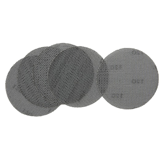 Five round mesh sanding sheets overlapping, shown on a white background.
