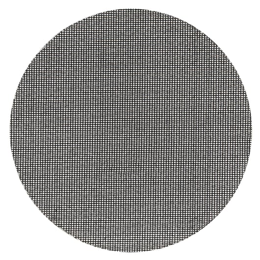 Round black mesh sanding disc with fine grid pattern used for surface finishing and smoothing.