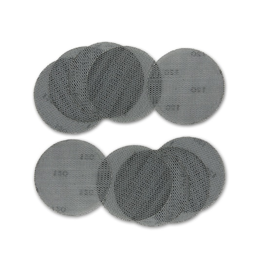 A set of round mesh sanding discs arranged in two overlapping groups on a white background.