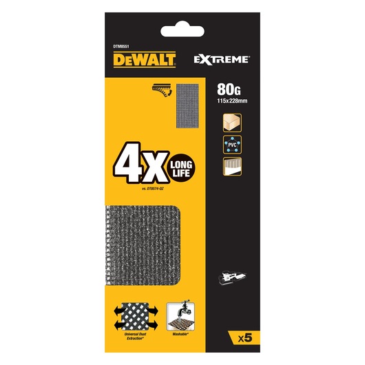 Packaging of DEWALT EXTREME mesh sanding sheets, model DTM8551, grit 80, size 115x228mm. The package highlights 4x longer life, universal dust extraction, washable sheets, compatibility with wood, PVC, and plaster, and contains 5 sheets.