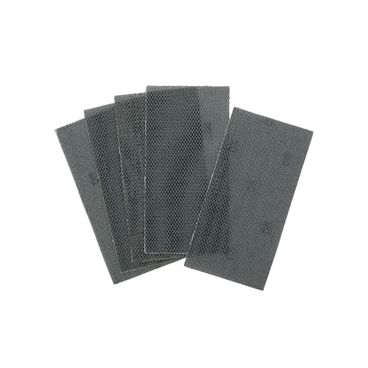 A set of five rectangular mesh sanding sheets fanned out on a white background.