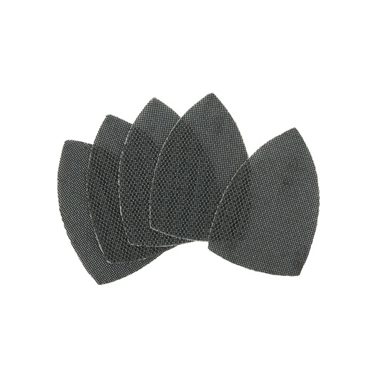 Five black mesh sanding sheets in a triangular shape, arranged overlapping, suitable for use with detail sanders.