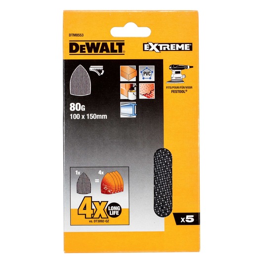 Pack of DEWALT Extreme sanding sheets, model DTM8553, 80 grit, size 100 x 150 mm, designed for long life and compatible with Festool sanders. The packaging features icons for wood, PVC, paint removal, and shows 5 sheets inside.