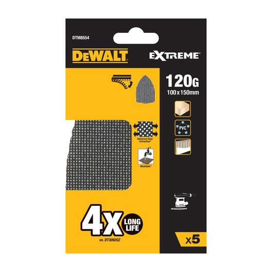 DEWALT Extreme 120 grit sanding mesh sheets packaging, SKU DTM8554. Pack includes five 100 x 150 mm sheets designed for universal dust extraction and washable use, suitable for wood and PVC sanding.