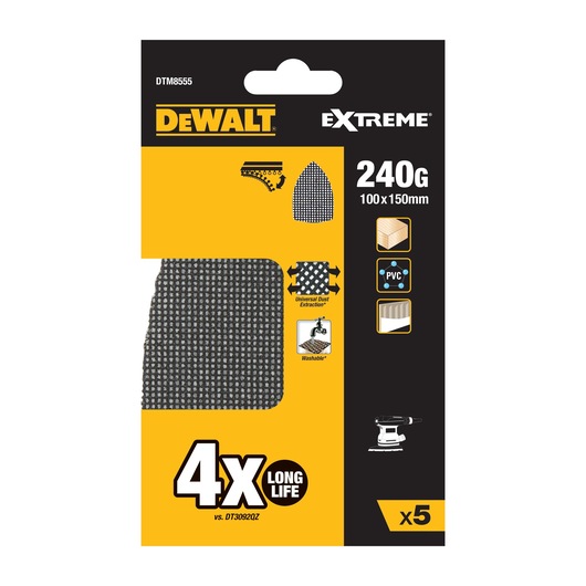 Package of DEWALT Extreme mesh sanding sheets (DTM8555), grit 240, size 100 x 150 mm. The packaging highlights universal dust extraction, washable feature, suitability for wood and PVC, and 4 times longer life compared to DT30902QZ. Contains 5 sheets.