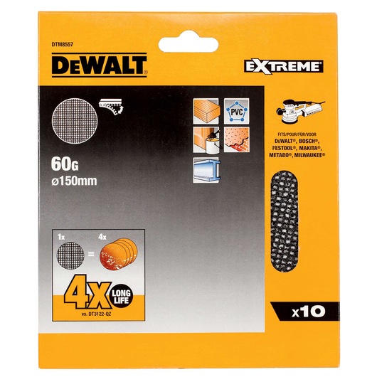 Front view of a DEWALT Extreme sanding disc package, model DTM8557, featuring 60 grit discs with a diameter of 150mm. The packaging displays compatibility for multiple brands of sanders, including DEWALT, BOSCH, FESTOOL, MAKITA, METABO, and MILWAUKEE. The box highlights the discs' long life, offering 4 times the lifespan compared to standard discs, and contains 10 discs suitable for sanding wood, PVC, paint, and metal surfaces.