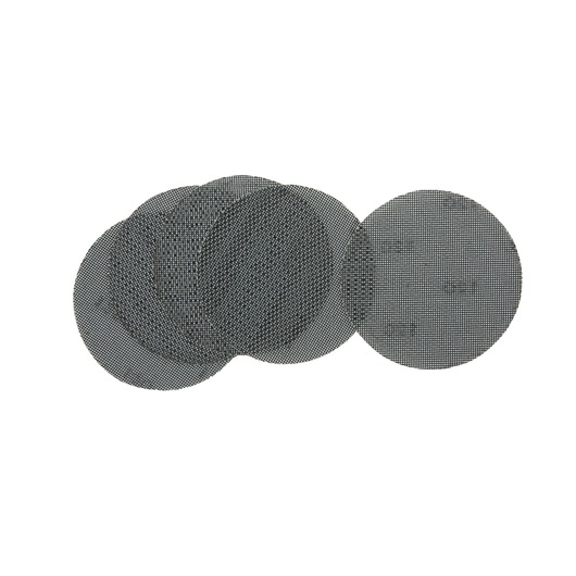 A set of five round mesh sanding discs arranged in a slightly overlapping pattern, shown on a white background.