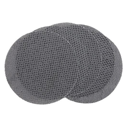 Four round mesh sanding sheets arranged overlapping each other, showing their textured surfaces.