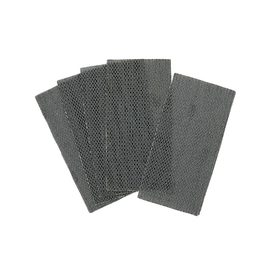 A fan arrangement of six rectangular mesh sanding sheets, shown against a white background.