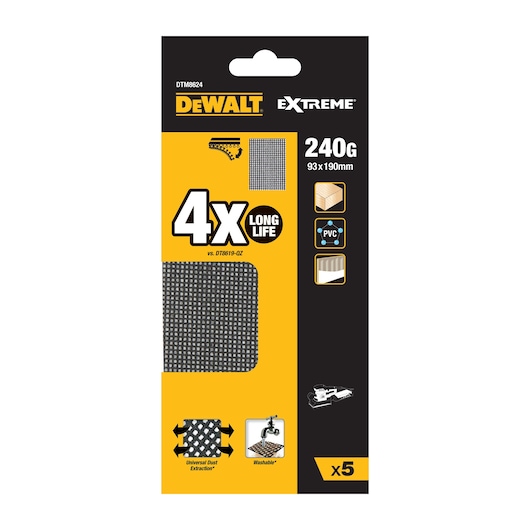 Packaging of DEWALT Extreme DTM8624 sanding sheets, 240G grit, 93 x 190mm size. The pack highlights 4 times longer life, universal dust extraction, washable sheets, and suitability for wood, PVC, and other materials. Contains 5 sheets.