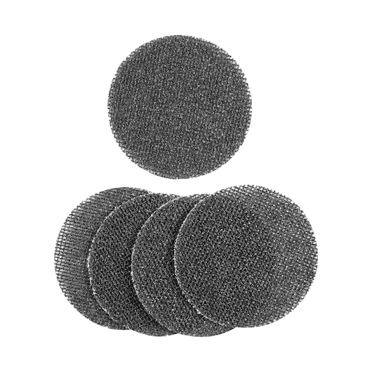 A set of five DEWALT circular mesh sanding discs, shown arranged on a white background.